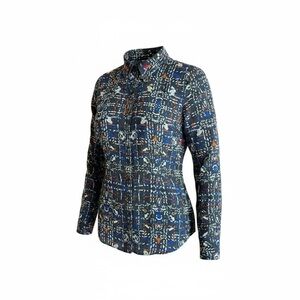 Cabi Women’s Size Large Festival Geometric Sheer gray Button Down blouse shirt